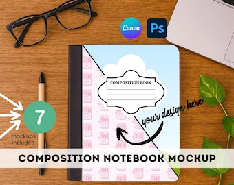 Pacchetto di mockup di copertina per quaderno di composizione Modello Canva Ritorno a scuola Photoshop PSD Mockup Download digitale Set di diario modificabile per insegnanti