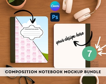 Pacchetto di mockup di copertina per quaderno di composizione Modello Canva Ritorno a scuola Photoshop PSD Mockup Download digitale Set di diario modificabile per insegnanti