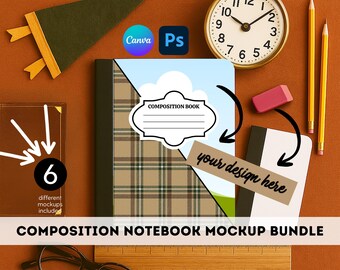Pacchetto di mockup di copertina per quaderno di composizione Modello Canva Ritorno a scuola Photoshop PSD Mockup Download digitale Set di diario modificabile per insegnanti