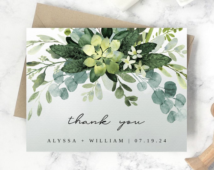 Boho Thank You Card Template | Greenery Thank You, Rustic Wedding Thank You Cards, Succulents, Bohemian Thank You Note, #017