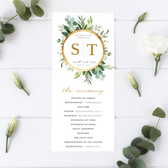 Wedding Program Template 4x9 Double Sided Greenery Etsy