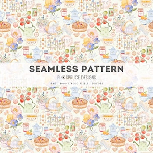 May include: A seamless pattern featuring watercolor illustrations of teacups, teapots, flowers, pies, and jars of preserves. The design includes the text "SEAMLESS PATTERN" and "PINK SPRUCE DESIGNS". The color palette is soft, with pastel shades of pink, blue, and green.