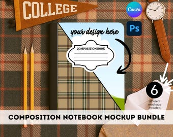 Pacchetto di copertine per quaderni di composizione Modello Canva Ritorno a scuola Photoshop PSD Mockup Download digitale Set modificabile per insegnanti Diario universitario