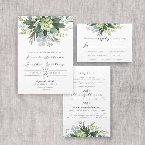 Succulents Printable Wedding Invitation Set Template Editable - Etsy