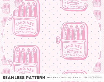 Sardines Tin Can Seamless Pattern PNG Download Digital Paper Sublimation Fabric Surface Design Vintage Pink Fisherman Aesthetic Coastal File