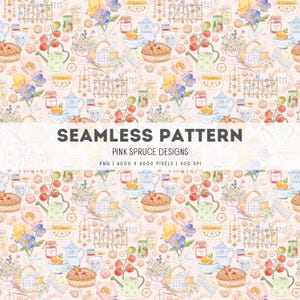 May include: A seamless pattern featuring watercolor illustrations of teacups, teapots, flowers, pies, and other kitchen-themed objects. The design includes the text "SEAMLESS PATTERN" and "PINK SPRUCE DESIGNS". The color palette is soft, with pastel pinks, blues, and greens.