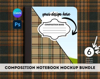 Set di mockup per quaderni di composizione, copertina, modello Canva, ritorno a scuola, Photoshop, download digitale, set modificabile per insegnanti, diario, plaid autunnale