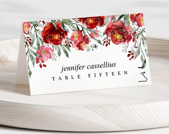 Place Cards Template/Printable/Wedding Escort Cards/Meal Choice Icon/Red Peony/Greenery Place Cards/Rustic Place Cards