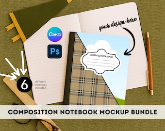 Pacchetto di mockup di copertina per quaderno di composizione Modello Canva Ritorno a scuola Photoshop PSD Mockup Download digitale Set di diario modificabile per insegnanti