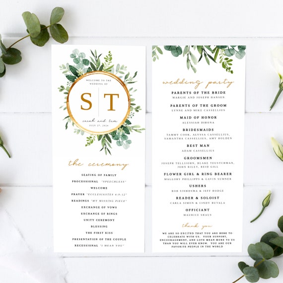 Wedding Ceremony Program Template \u2022 Editable 4x9 Calligraphy /& Watercolor \u2022 Floral Watercolor \u2022 Printable \u2022 Try before you buy \u2022 Templett