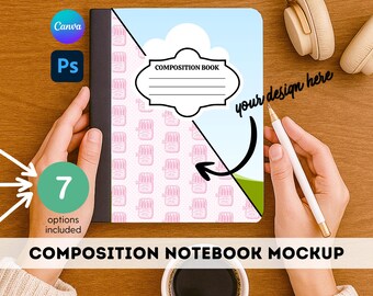 Pacchetto di mockup di copertina per quaderno di composizione Modello Canva Ritorno a scuola Photoshop PSD Mockup Download digitale Set di diario modificabile per insegnanti