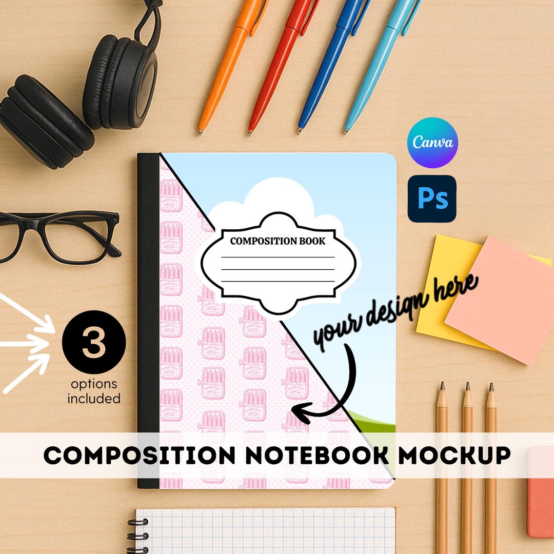 Composition Notebook Cover Mock up Canva Template Photoshop PSD Back to ...