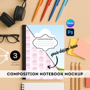 May include: Composition notebook mockup with a light blue sky and cloud design. The notebook is surrounded by pens, pencils, sticky notes, and a pair of glasses. The text "COMPOSITION NOTEBOOK MOCKUP" is displayed at the bottom.