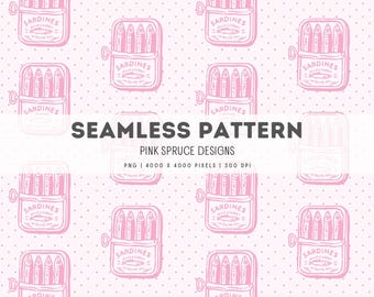 Sardines Tin Can Seamless Pattern PNG Download Digital Paper Sublimation Fabric Surface Design Vintage Pink Fisherman Aesthetic Coastal File