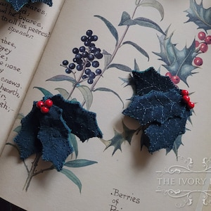 Winter Holly Leaf and Berries Brooch ~ Fairytale Green Velvet ~  Mori Girl & Cottagecore ~ Handmade by The Ivory Dolls