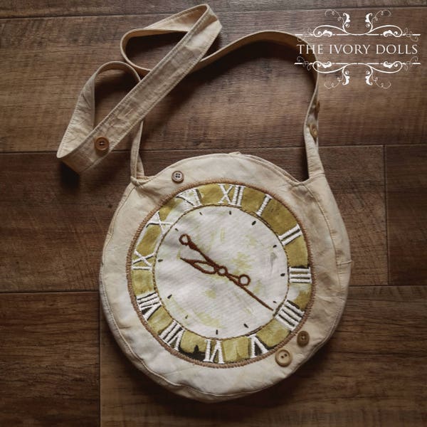 OOAK Embroidered Clock Face Bag~ Tea Stained Recycled Fabric & Vintage Buttons ~ handmade by The Ivory Dolls