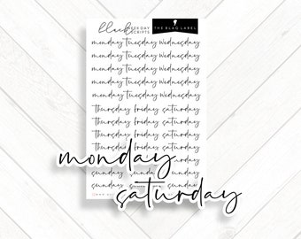 Black Week Days Scripts Planner Stickers Sheet, Cursive Hand Written Daily Word Headers, TN Bujo Hobo Weeks Stationery Accessories Supplies