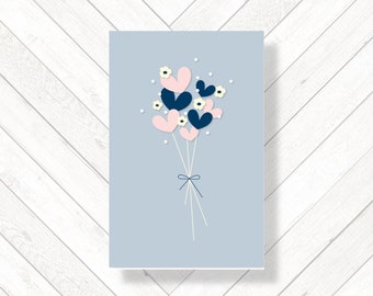 Minimal Floral Heart Poesey Mother's Day Card, Blue Pink Cream Flower Greeting Card for Mum Nan Sister Niece Daughter, Blank 3D Heart Card