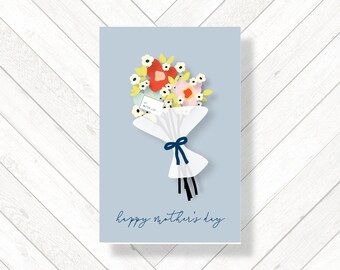 Floral Bouquet Happy Mother's Day Card, Blue Greeting Card for Mum Nan her, 3D Bunch of Flowers Card, Mother's Day Gifts