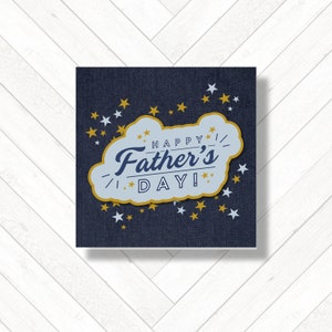 Heureuse fête des pères, papa, carte de voeux dimensionnelle bleu denim de style rétro, carte homme traditionnelle masculine traditionnelle avec étoiles blanches moutarde pour papa