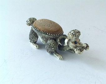Victorian Style Collectible Poodle Pin Cushion 925 Sterling Silver Sewing Needle 
