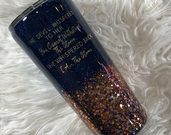 22oz Navy and Gold Custom Tumbler - The Devil Whispered To Her You Cannot Withstand The Storm