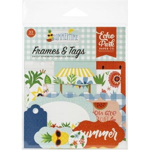 May include: A package of 33 die-cut cardstock pieces for scrapbooking and crafting. The pieces feature a summer theme with frames, tags, and other decorative elements. The package is labeled "Summertime Frames & Tags" and "Echo Park Paper Co."