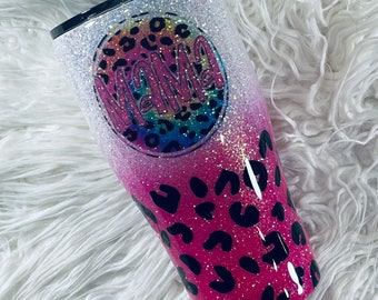 30oz Leopard Print Mama Theme Custom Ombre Glitter Tumbler