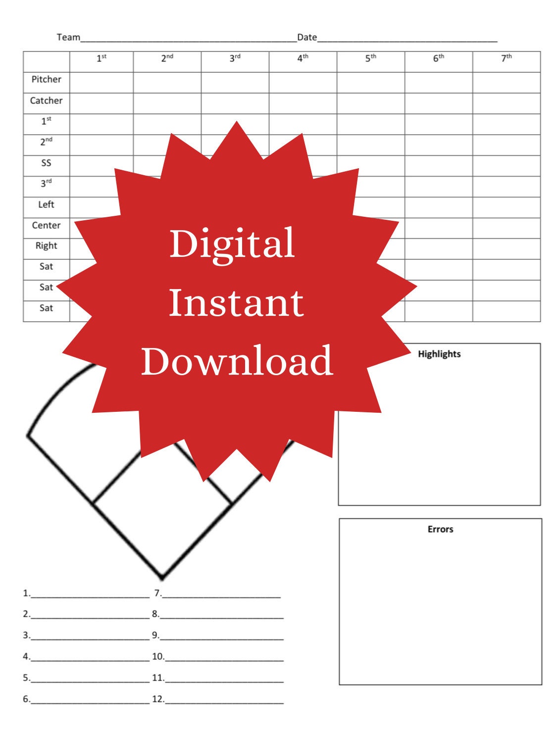 Softball Game Day Tracker Worksheet Baseball Game Sheet Lineup Batting ...