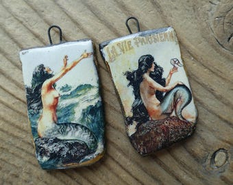 Dijes de cerámica de sirena para joyería hechos a mano. Colgantes para hacer aretes. Cuentas artísticas.