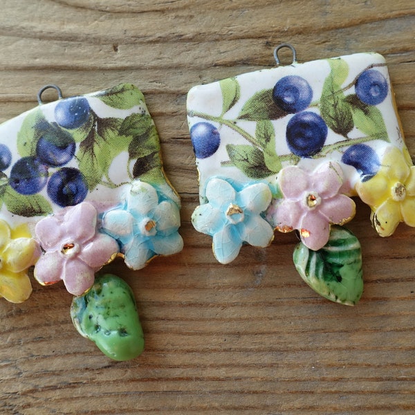 Floral Ceramic charms for earrings . Ceramic handmade pendant