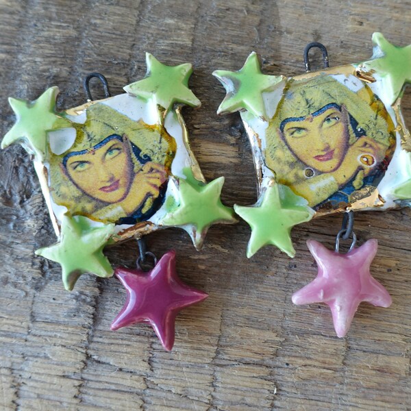 Ceramic charms for earrings . Ceramic handmade pendant