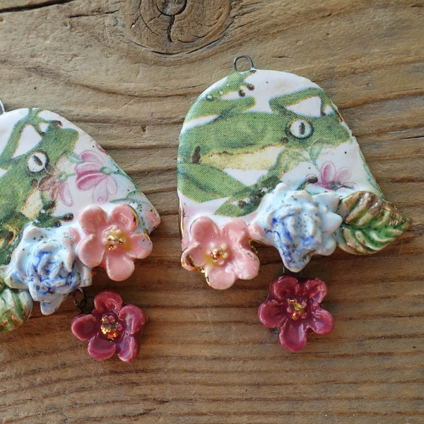 Floral Ceramic charms for earrings . Ceramic handmade pendant