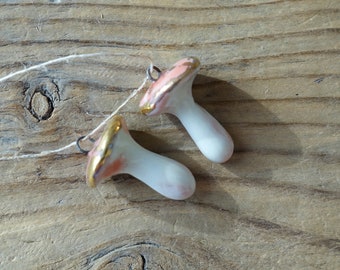 Porcelain Muschroom pendant handmade for earrings.Ceramic charms jewelery