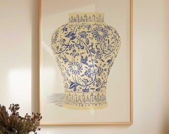 Ilustración de un jarrón mediterráneo azul y crema para decoración minimalista de paredes costeras.