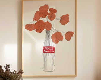 Lámina con jarrón de flores de Coca-Cola, arte mural de amapolas, boceto botánico minimalista, ilustración de botella de Coca-Cola dibujada a mano, decoración moderna para la cocina.