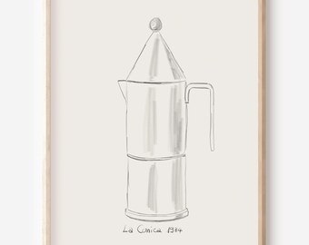 Lámina de la cafetera espresso La Conica de Aldo Rossi, arte minimalista para la pared de la cocina inspirado en Alessi, póster descargable para amantes del café moderno.