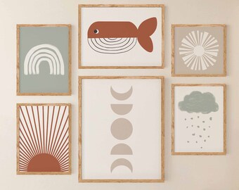 Conjunto de 6 imprimibles para vivero, impresión de vivero Boho Set, conjunto de terracota, salvia y baige, arte en tonos tierra imprimible, arte de pared de terracota,