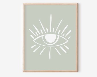 Estampado místico boho de mal de ojo, decoración de pared verde salvia para decorar tu rincón de yoga o para darle un toque moderno y boho a cualquier lugar especial