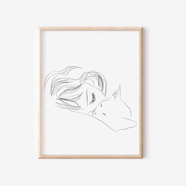 Girl with cat line art, girl and cat poster, Cat lover print, Female art drowing, pet line art, printable girl cat, One line girl and cat,