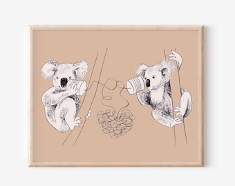 Nursery animal wall art, Neutral tones prints for a boho decoration, beige Koala sketch kids room decoration, Funny kids art