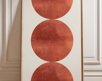 Lámina con círculos de acuarela en terracota, arte mural geométrico abstracto, póster minimalista moderno, decoración imprimible contemporánea.