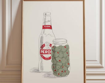 Lámina con tarro de Peroni y aceitunas, arte mural para cocina italiana, ilustración minimalista de comida, boceto de botella dibujado a mano, decoración de naturaleza muerta mediterránea