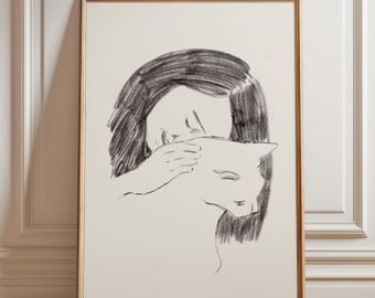 Boceto de una niña sosteniendo un gato, arte minimalista dibujado a mano.