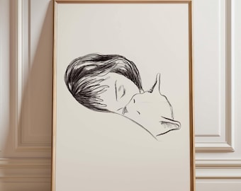 Boceto de niña con gato, ilustración minimalista a lápiz.