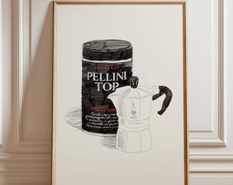 Lámina decorativa italiana para café expreso, cafetera moka Bialetti y lata de café Pellini. Imprimible para la cocina.