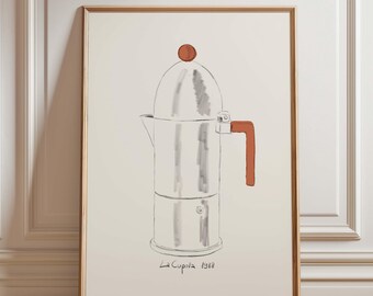 Lámina de café en terracota, póster de La Cúpula de Aldo Rossi, arte de pared minimalista y cálido con cafetera espresso.