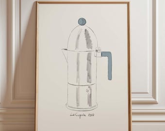 Lámina de cafetera espresso azul, póster La Cúpula de Aldo Rossi, arte minimalista del café para cocinas modernas.