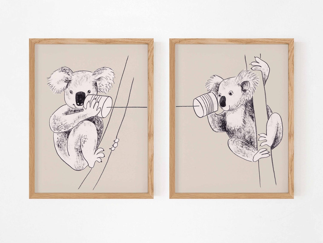 Koalas Illustration, Koala Print, Printable Koalas Wall Art, Tin Can Phone Art, Beige Nursery