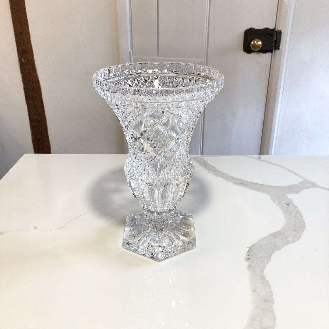 Cut Crystal Trumpet Vase Mid Century Clear Glass Diamond Etsy